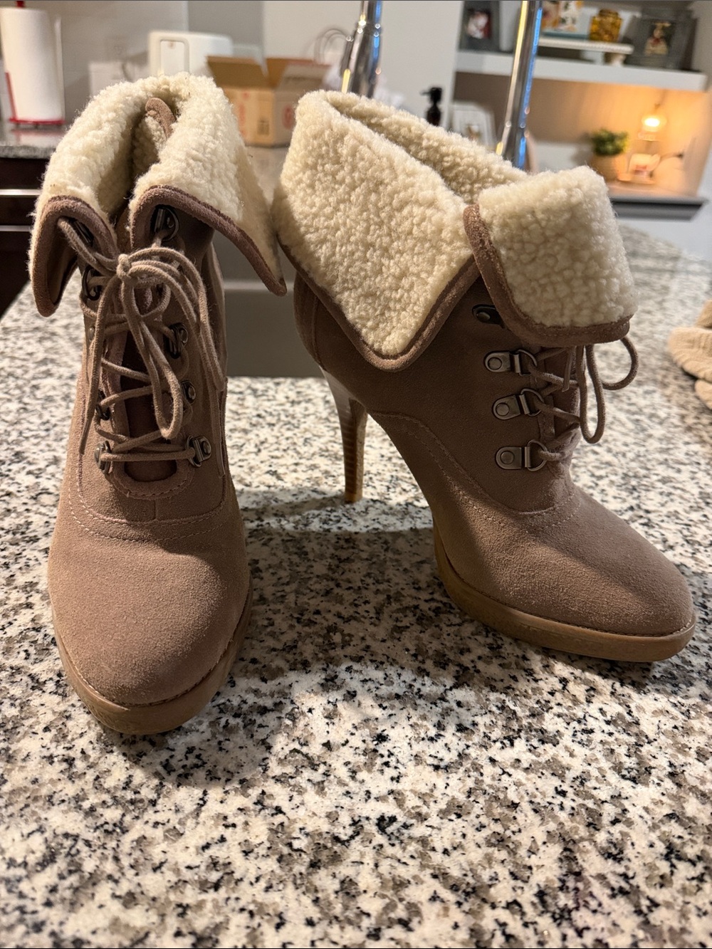 Aldo Taupe Suede-Look Lace-Up High Heel Booties with Cream Sherpa Cuff